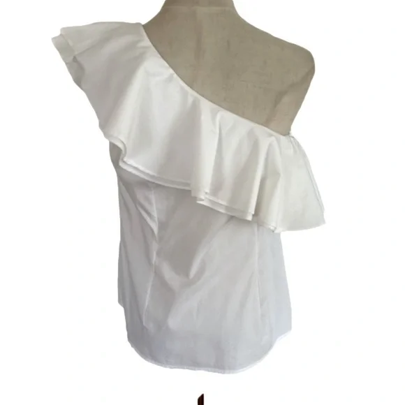 90s CHELSEA & THEODORE OFF ONE SHOULDER BOHO COTTON BLEND WHITE RUFFLE TOP SZ 8 - Picture 3 of 7
